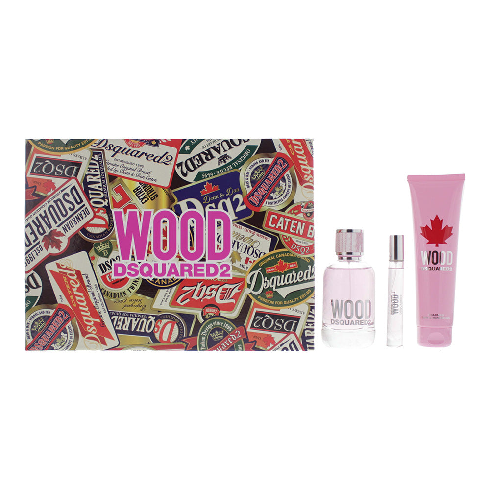DSquared2 Wood For Her Gift Set 100ml EDT + 10ml EDT + 150ml Shower Gel